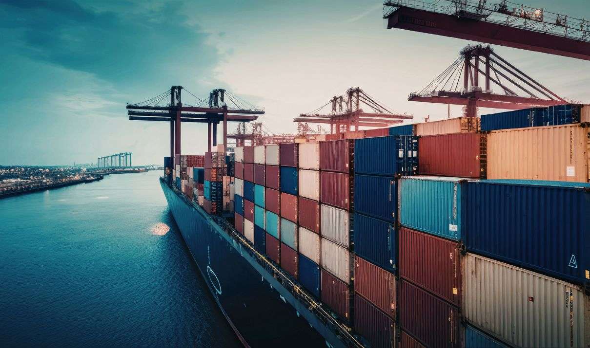 载运集装箱的货轮停靠于国际港口,象徵关税工程与跨国进口物流。